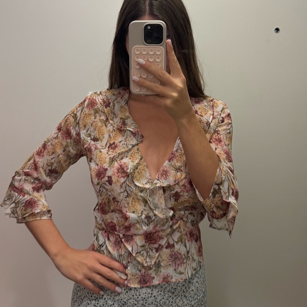 Topshop Floral Wrap Blouse - Pink and Cream